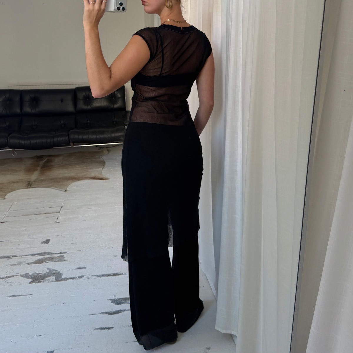 1990s Black Mesh Cut Out Midi Dress