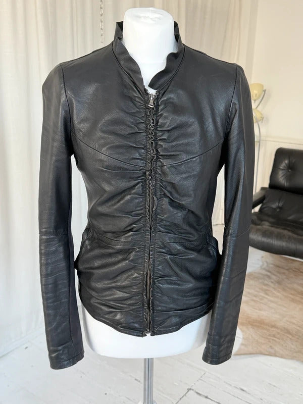 Italian Vintage Black Ruched Leather Jacket