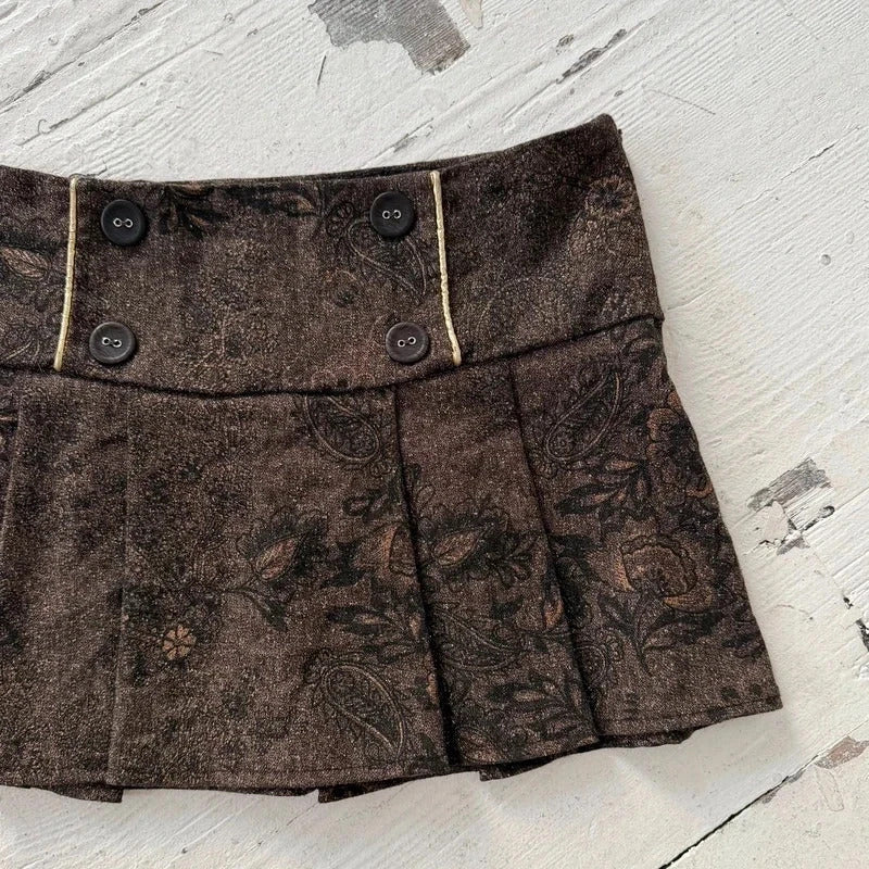 Brown Floral Jacquard Pleated Mini Skirt