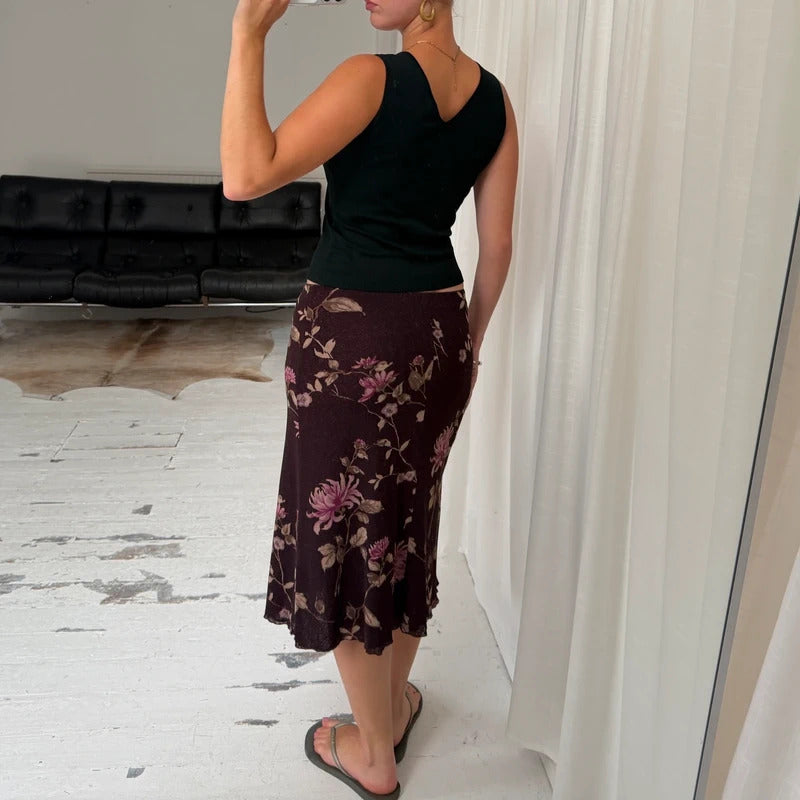 Purple Floral Mesh Midi Skirt