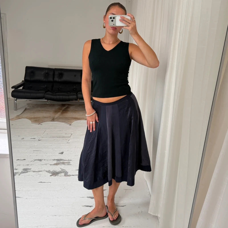 Navy Pure Silk Pleated Midi Skirt