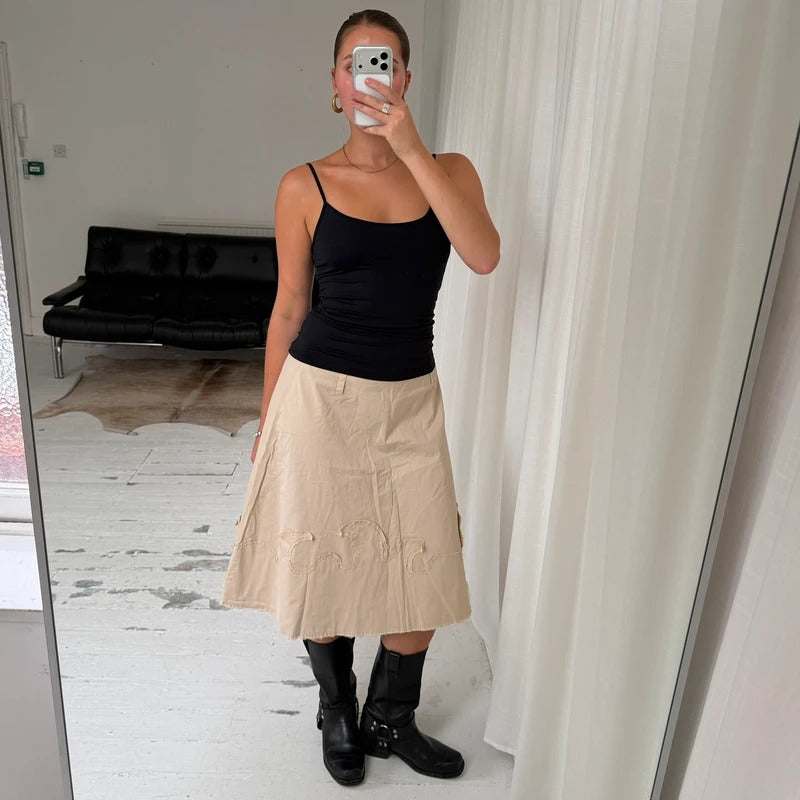 Beige Raw Edge Midi Skirt