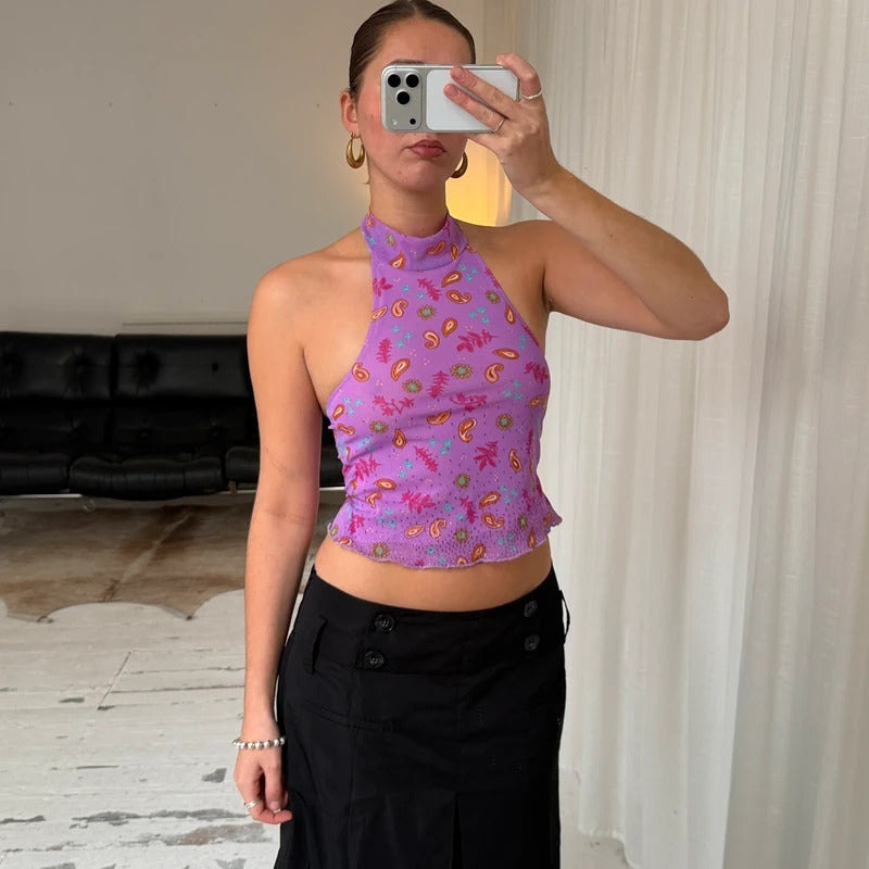Italian Vintage Lilac Paisley Mesh Halterneck Top