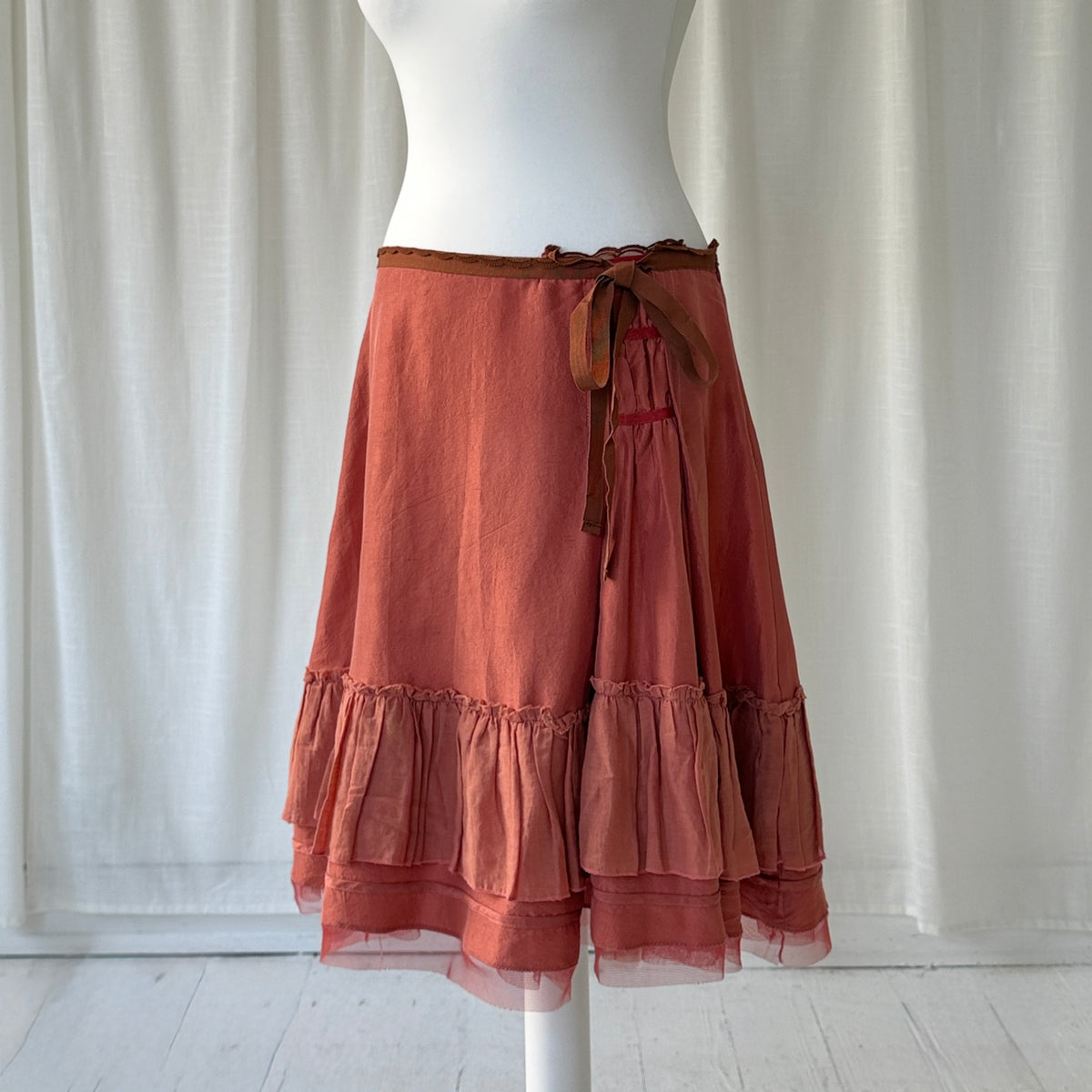 Coral Red Silk Ruffle Midi Skirt