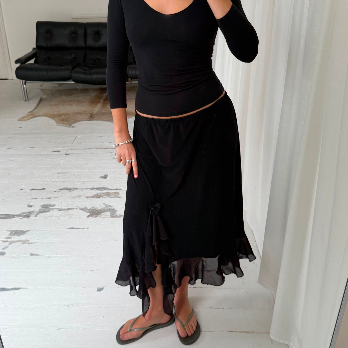 Black Ruffle Asymmetric Maxi Skirt