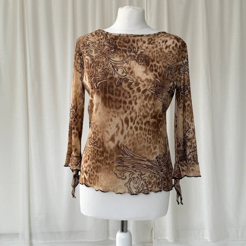 2000s Leopard Print Bell Sleeve Mesh Top