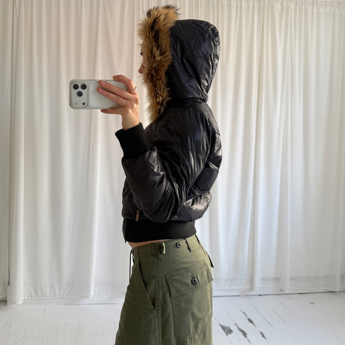 00s Down Feather Fur Hood Puffer Bomber Jacket