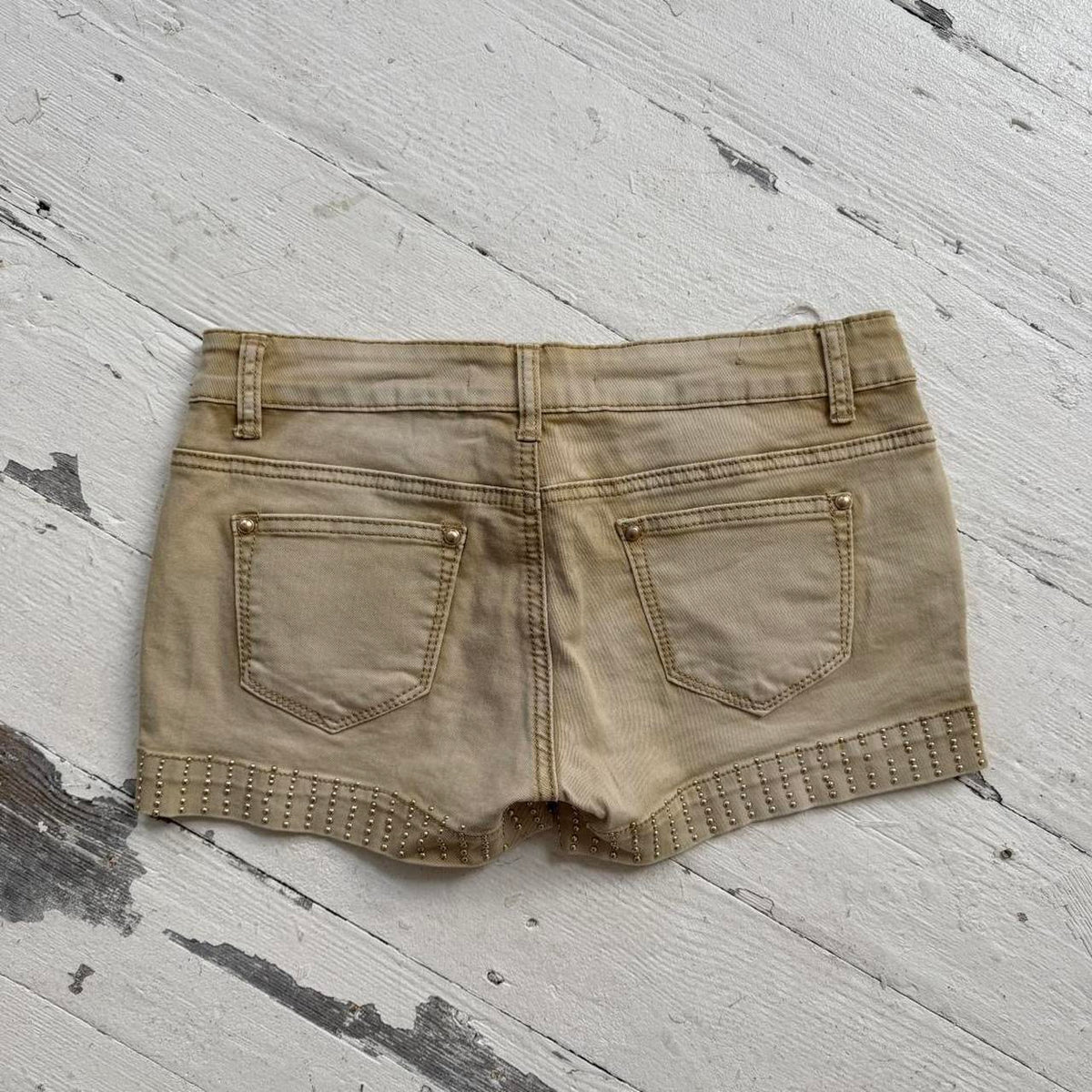 Khaki Studded Denim Shorts