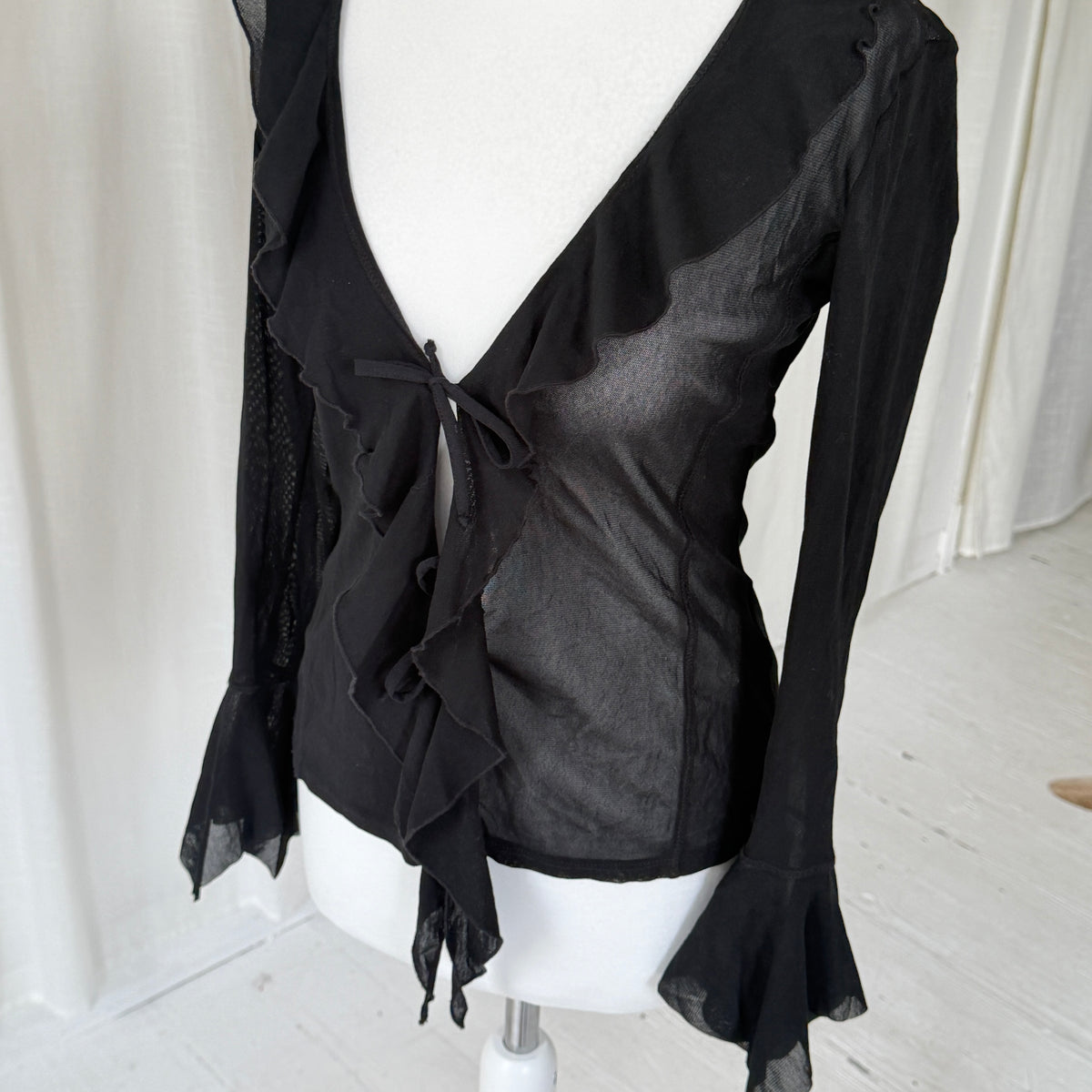 Black Sheer Ruffle Tie Blouse