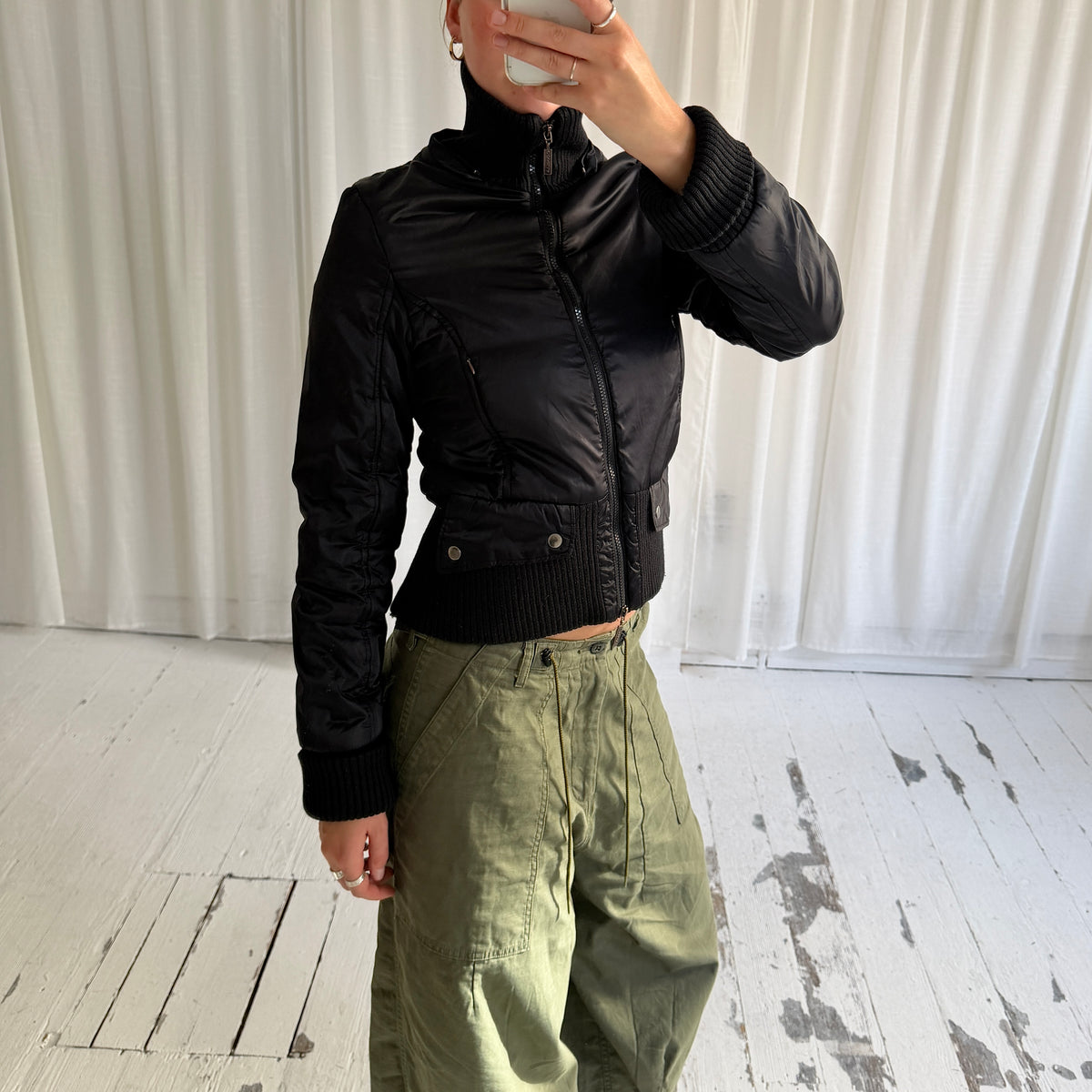 00s Black Nylon Utility Bomber Jacket with Fur Hood