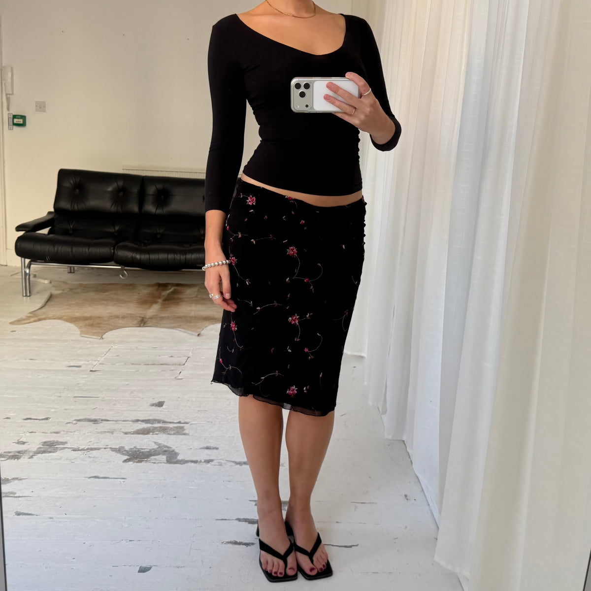 1990s Floral Embroidered Mesh Midi Skirt