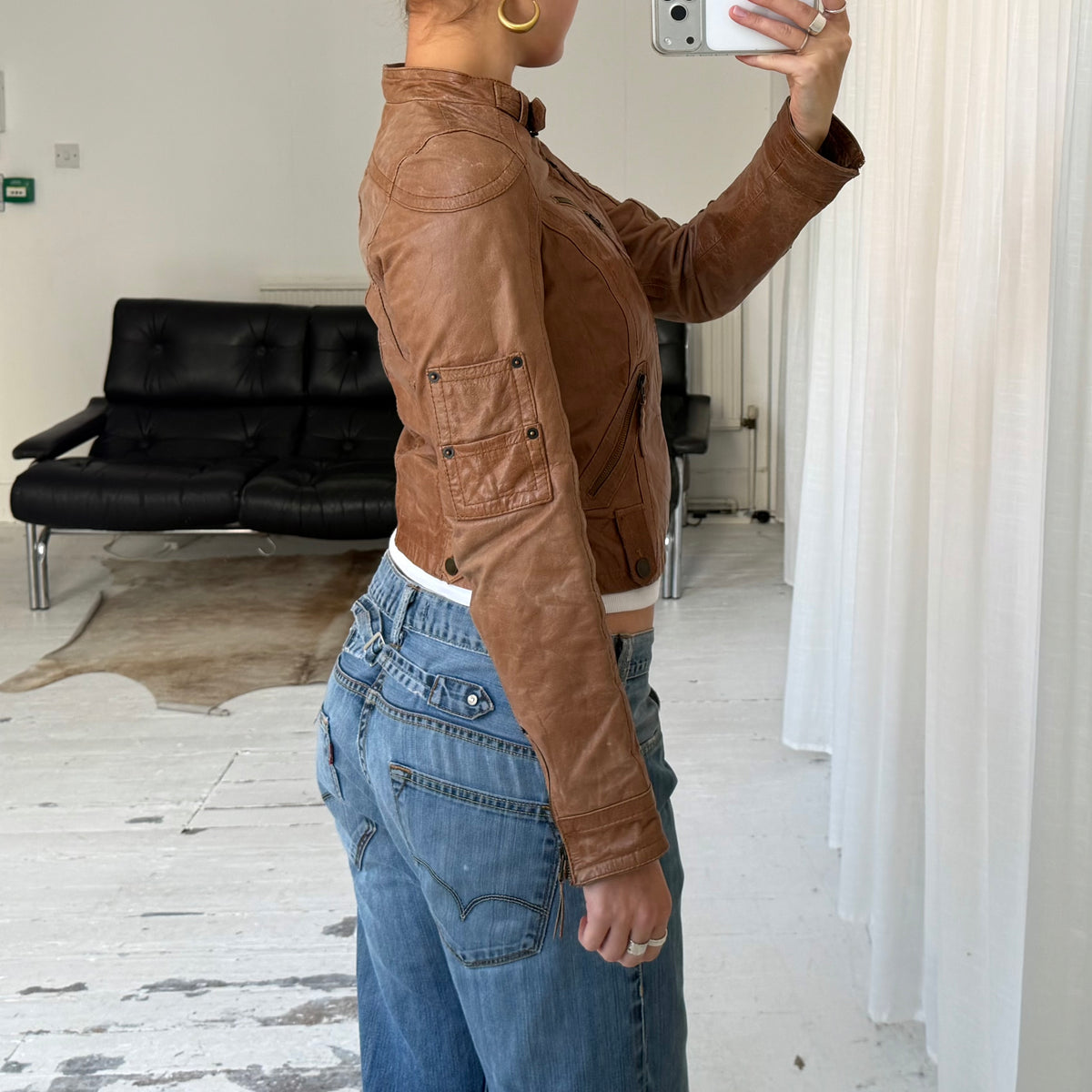 Tan Brown Leather Utility Biker Jacket