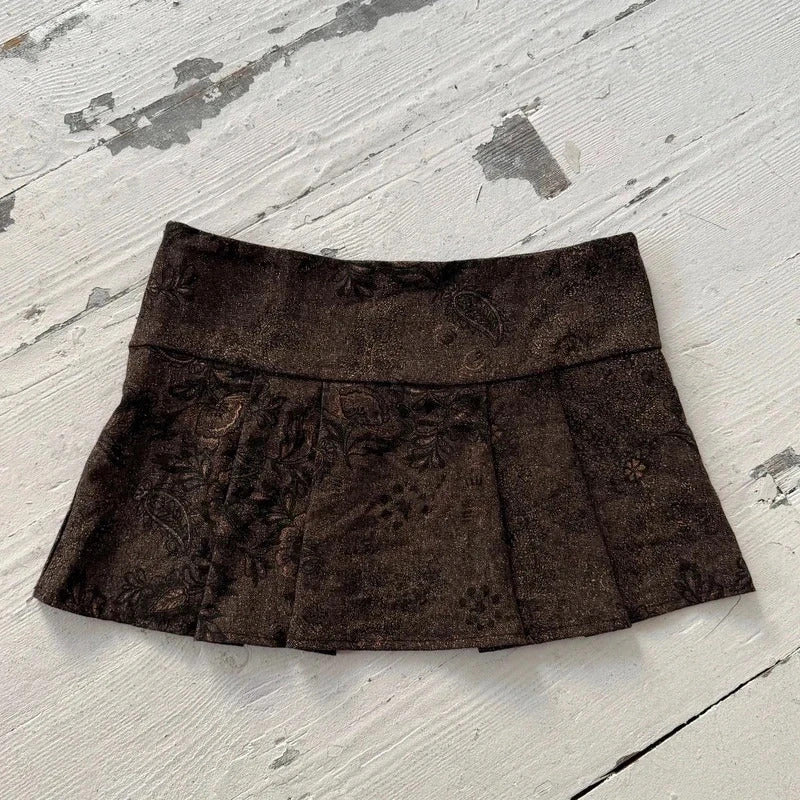 Brown Floral Jacquard Pleated Mini Skirt