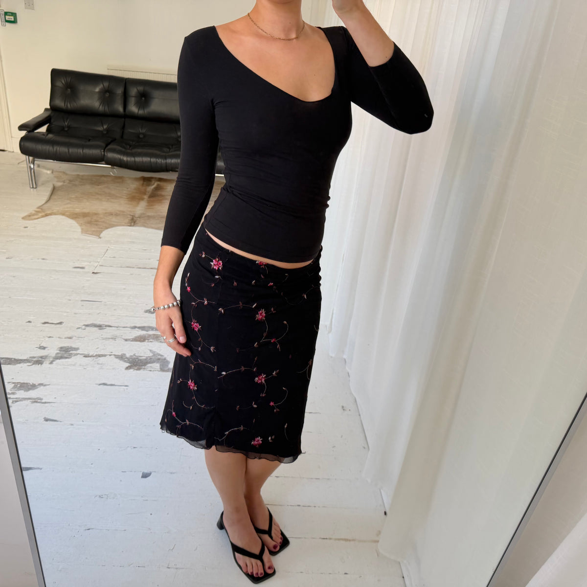1990s Floral Embroidered Mesh Midi Skirt