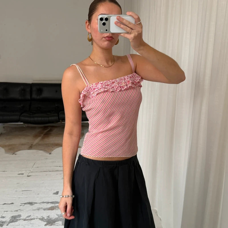 2000s Pink Stripe Layered Mesh Cami Top