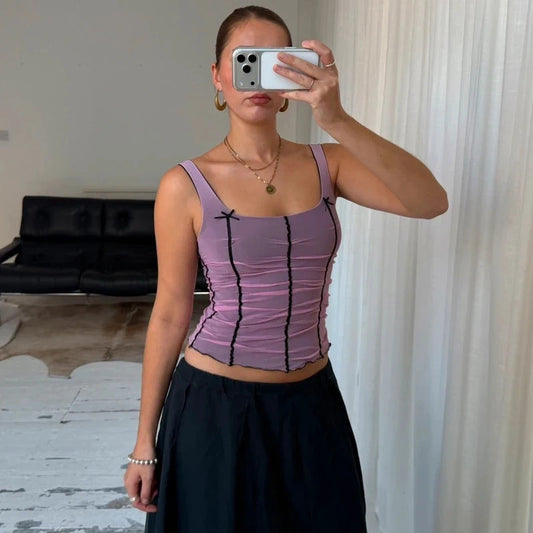 2000s Pink Ruched Mesh Corset Top