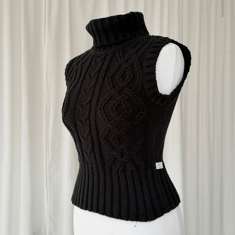 Black Cable Knit Sleeveless Rollneck