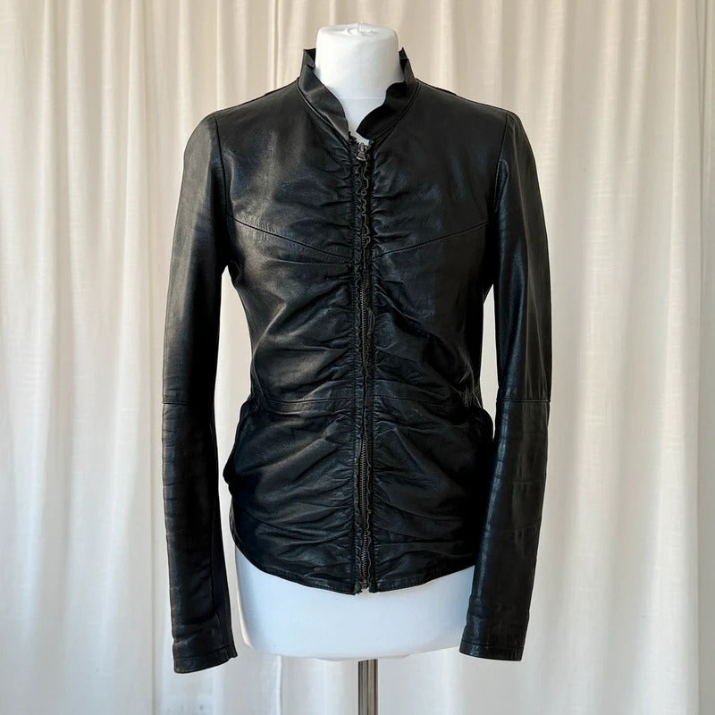 Italian Vintage Black Ruched Leather Jacket