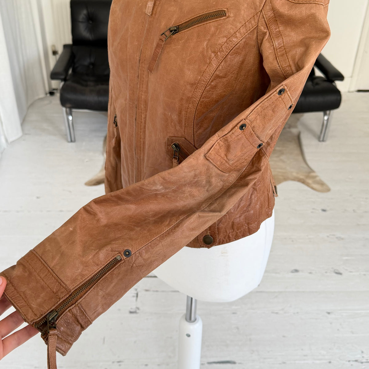 Tan Brown Leather Utility Biker Jacket