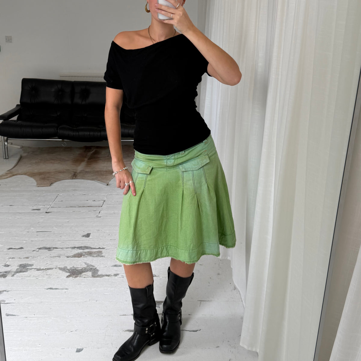 Miss Sixty Green Pleated Denim Midi Skirt
