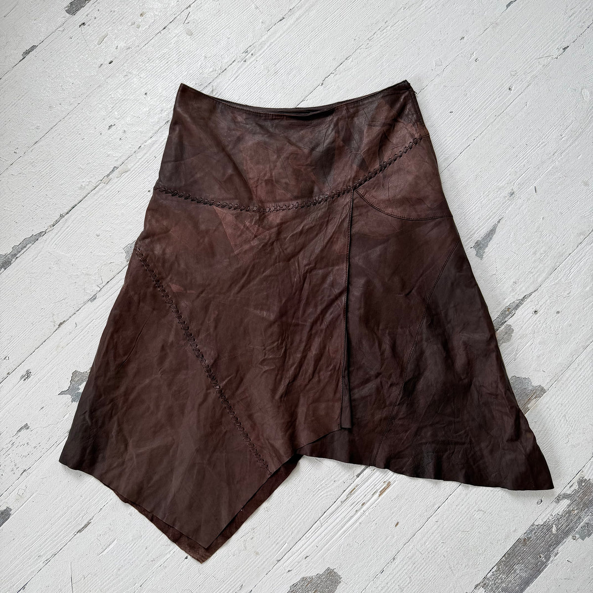 Brown Leather Asymmetric Midi Skirt