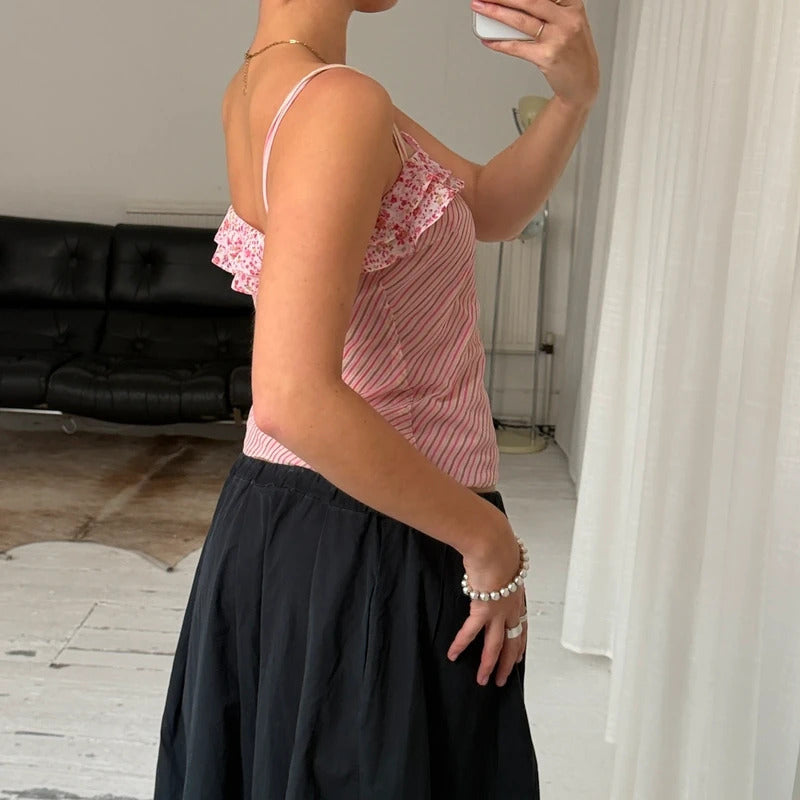 2000s Pink Stripe Layered Mesh Cami Top