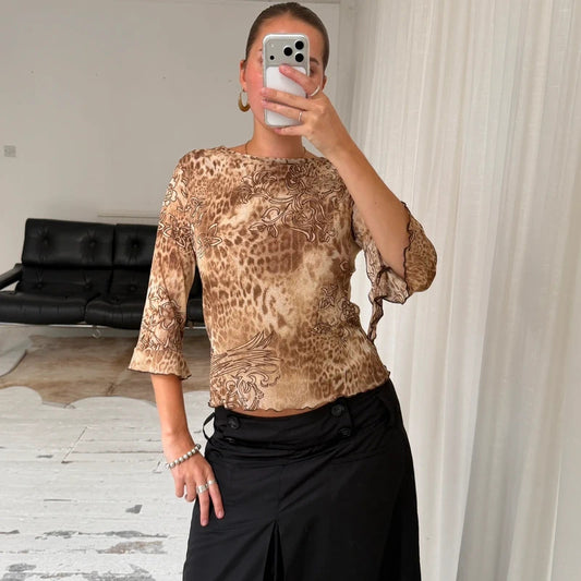 2000s Leopard Print Bell Sleeve Mesh Top