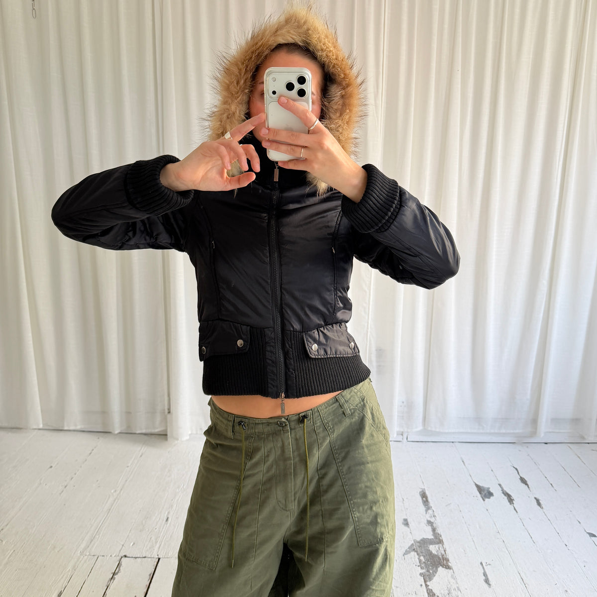 00s Black Nylon Utility Bomber Jacket with Fur Hood
