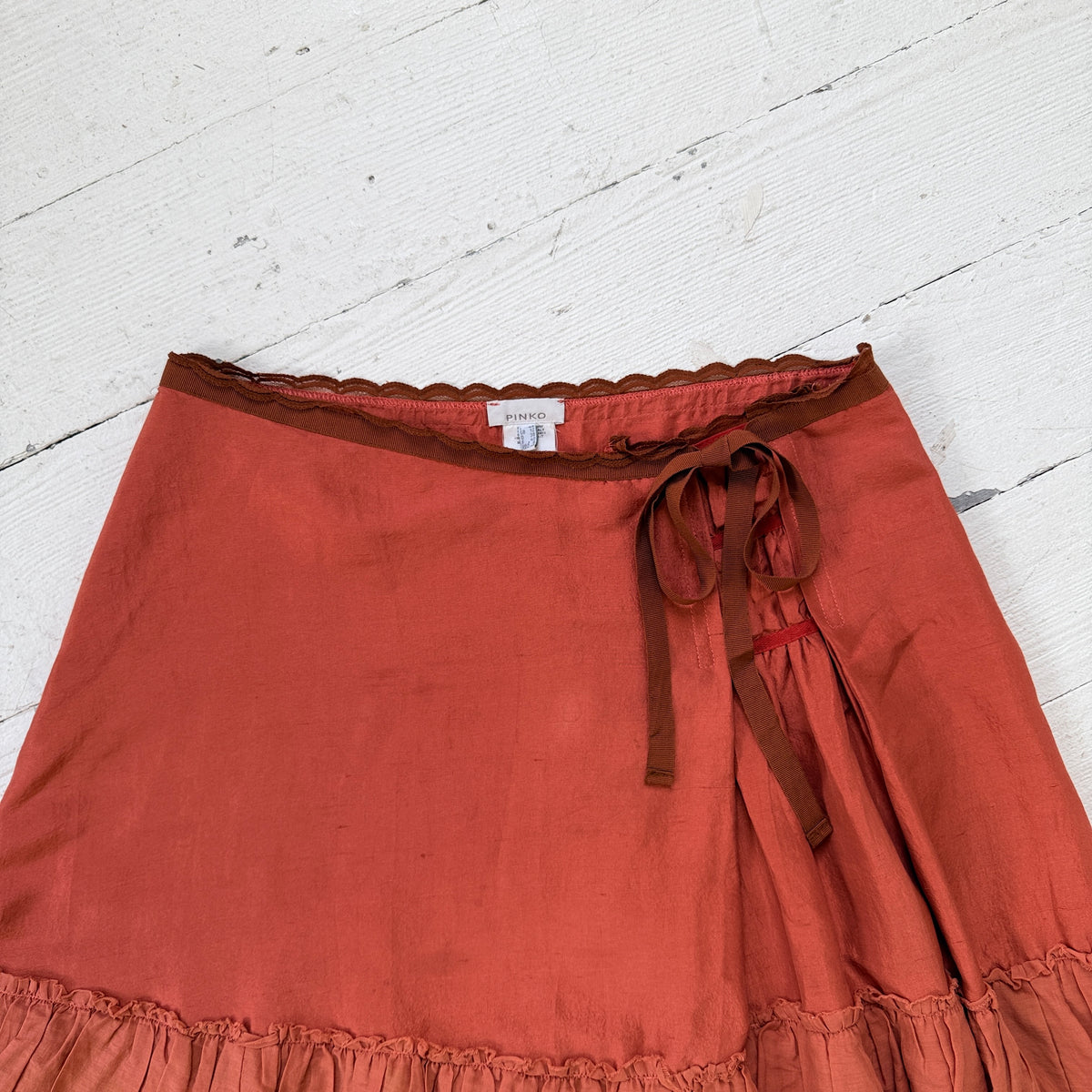Coral Red Silk Ruffle Midi Skirt