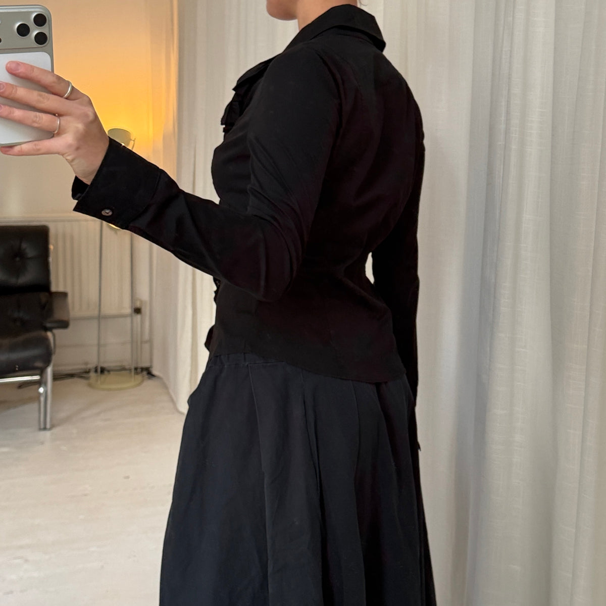 Italian Vintage Black Ruffle Tailored Shirt