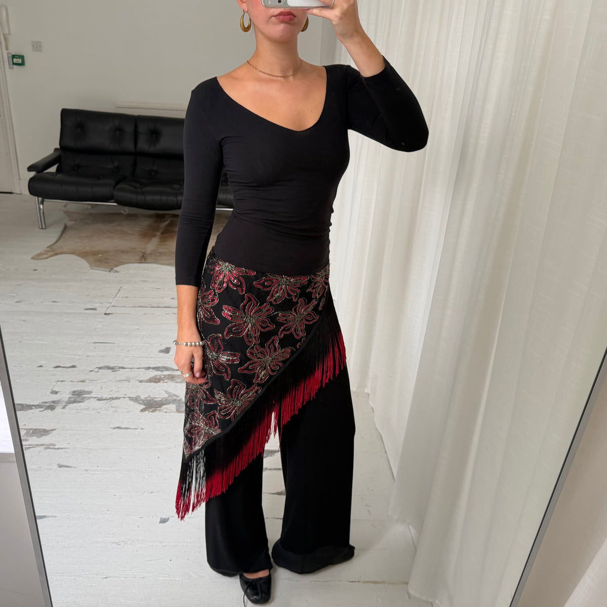 Sequin Mesh Asymmetric Tassel Sarong Skirt