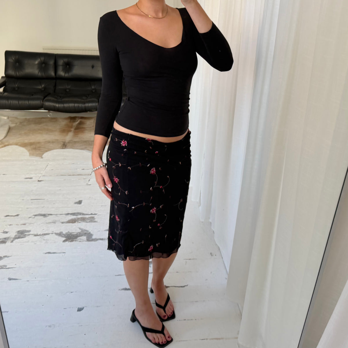 1990s Floral Embroidered Mesh Midi Skirt