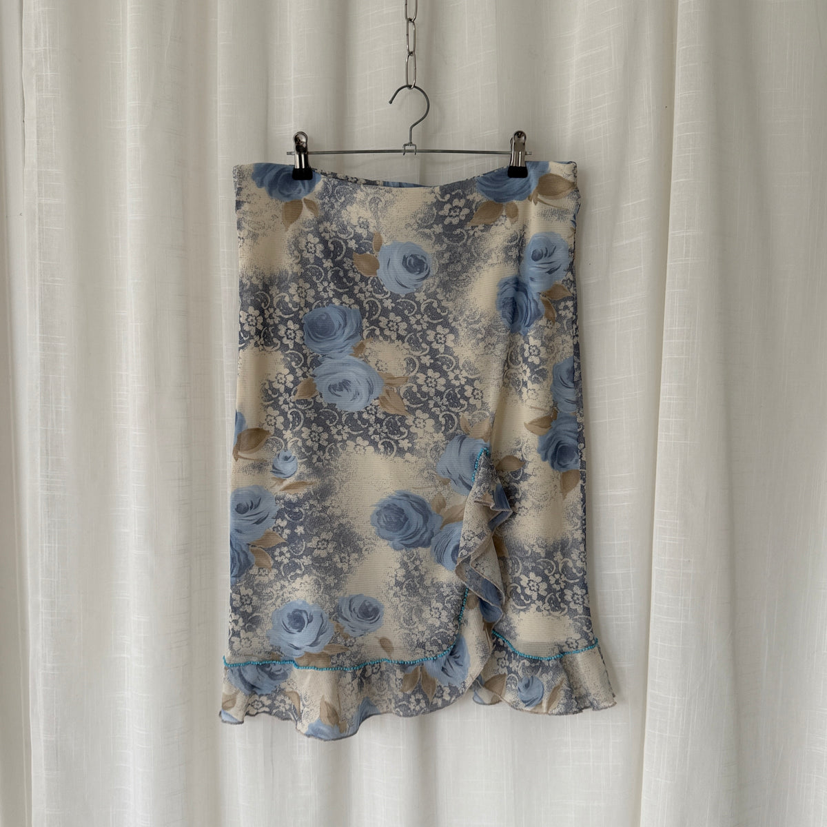 Blue Floral Ruffle Midi Skirt