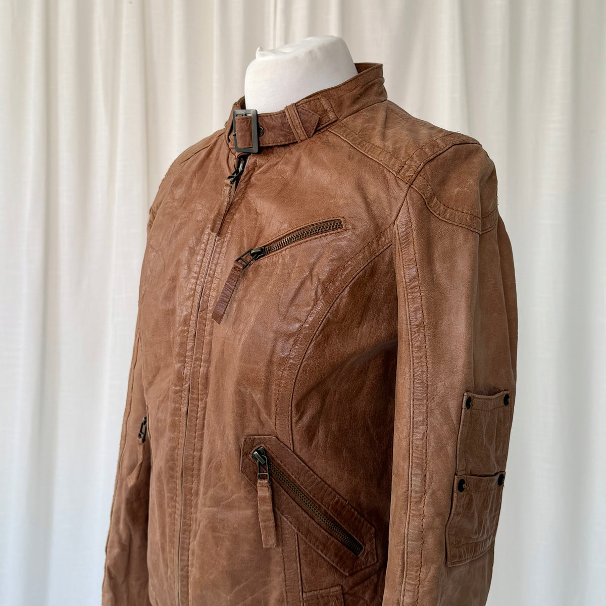 Tan Brown Leather Utility Biker Jacket