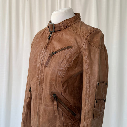 Tan Brown Leather Utility Biker Jacket
