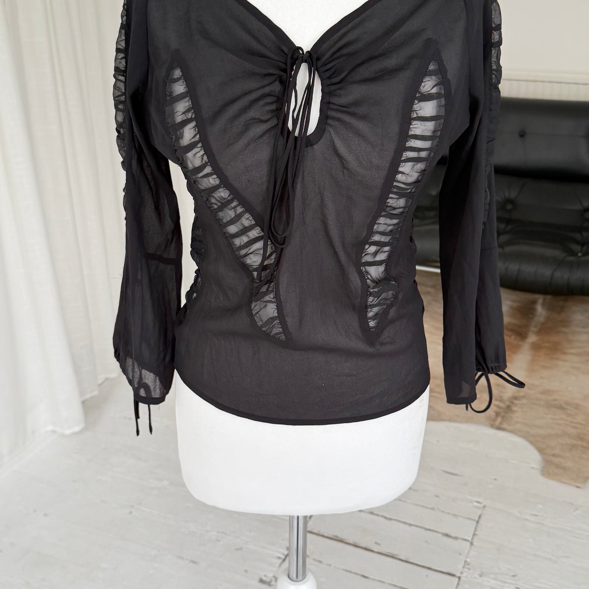 Black Ruched Sheer Mesh Top