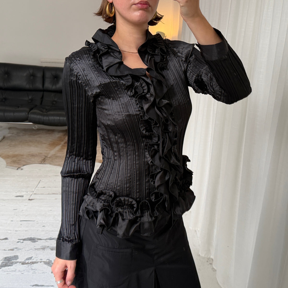90s Black Pleated Ruffle Blouse