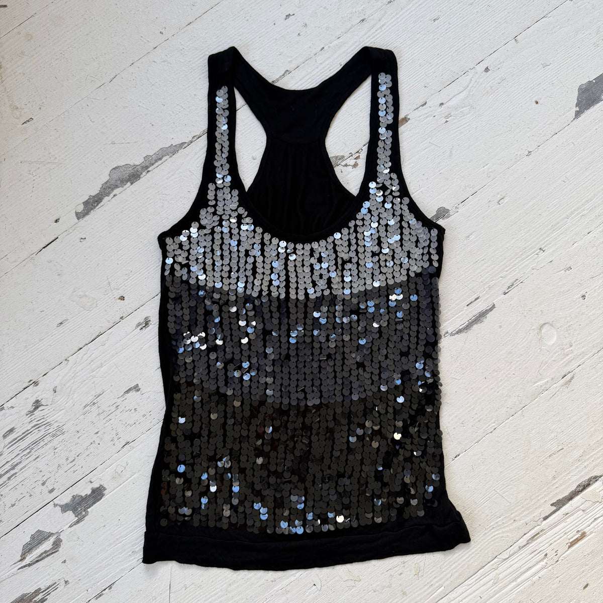 2000s Black & Silver Sequin Racerback Vest Top
