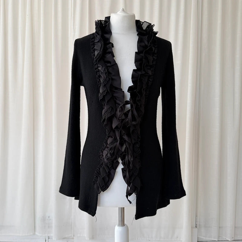 Black Wool Angora Lace Trim Tie Cardigan