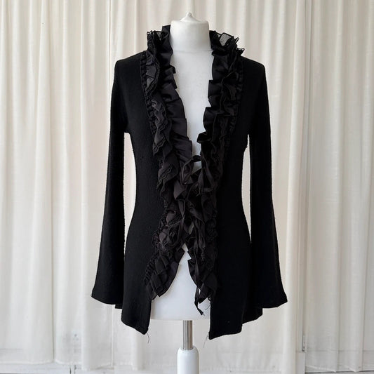 Black Wool Angora Lace Trim Tie Cardigan