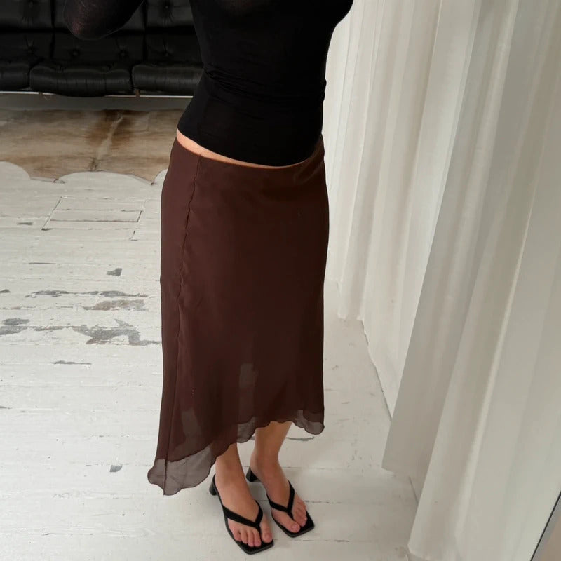 Brown Asymmetrical Mesh Midi Skirt