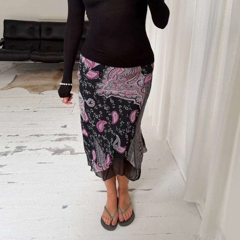 Paisley Patchwork Asymmetric Midi Skirt