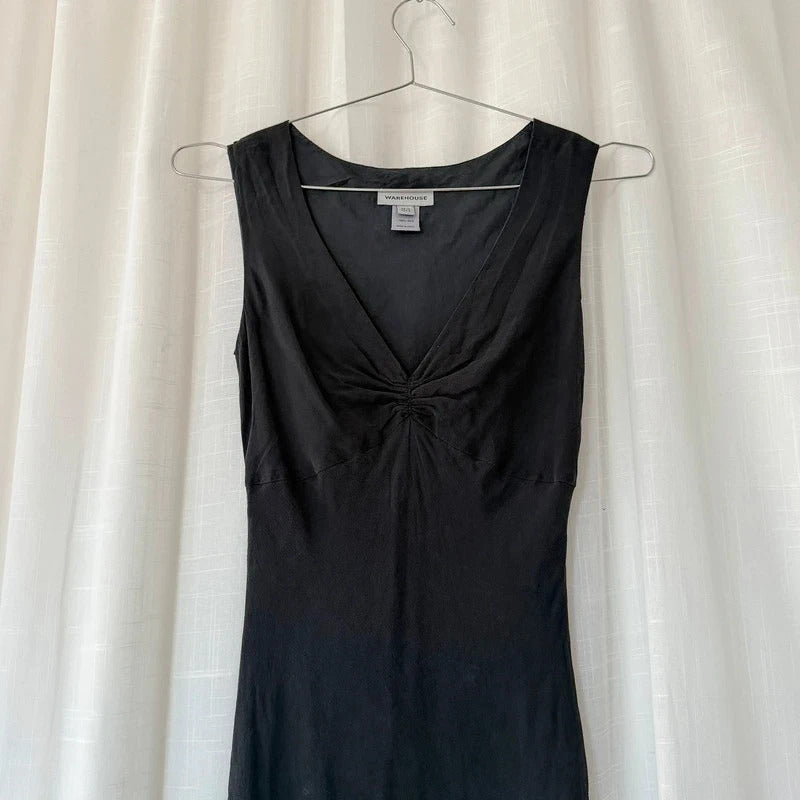 90s Pure Silk Black Midi Dress