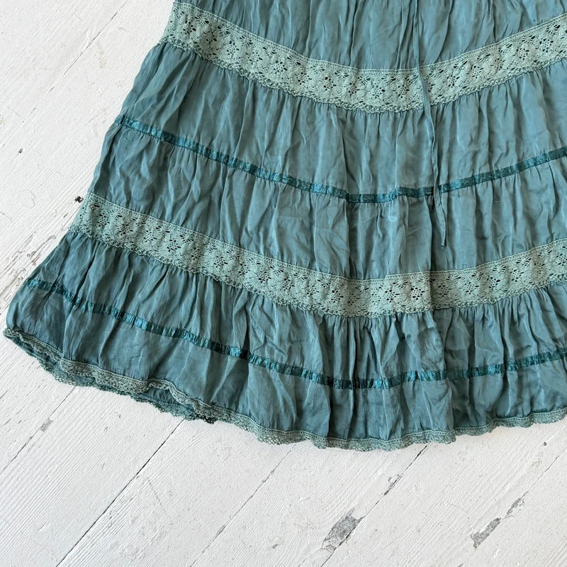 Blue Silk Lace Tiered Midi Skirt