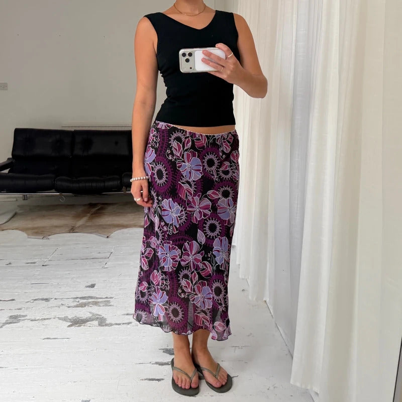 Vintage Y2K Floral Mesh Maxi Skirt