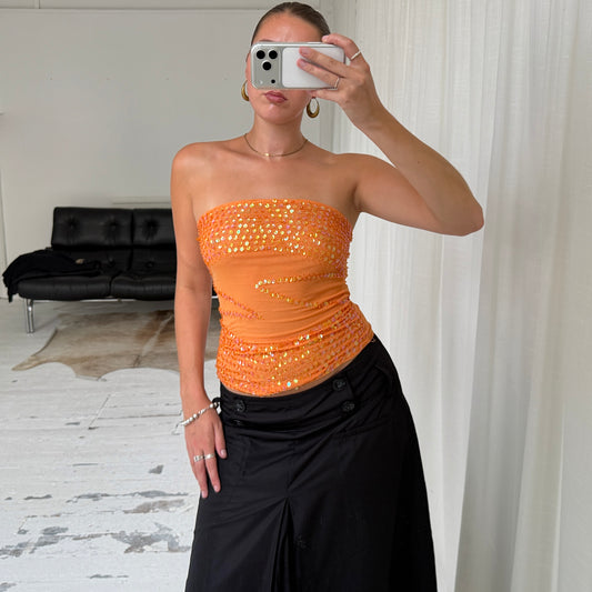 Orange Sequin Mesh Bandeau Top