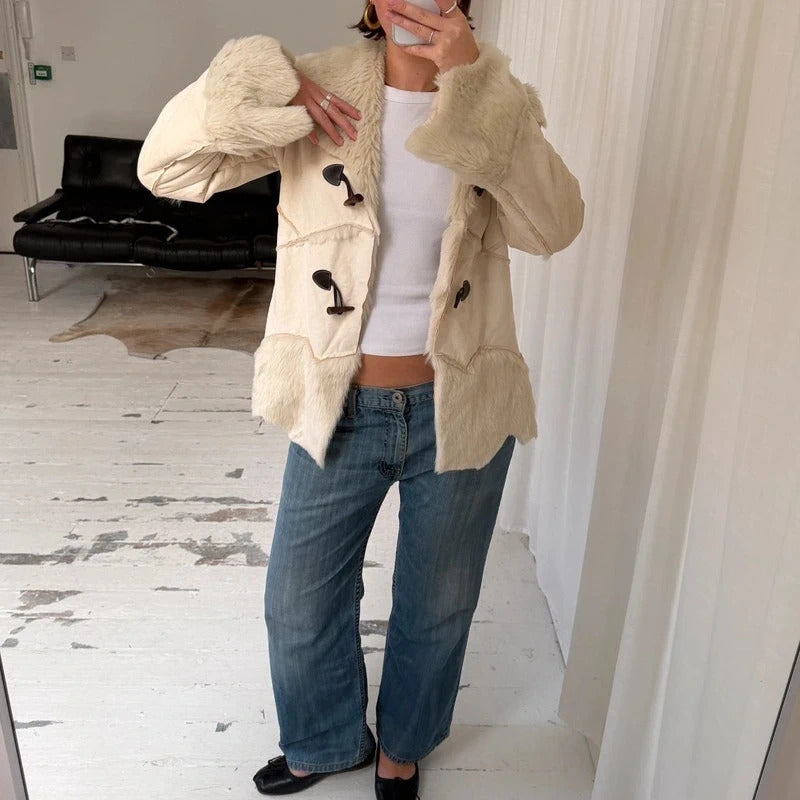 2000s Cream Faux Suede & Faux Fur Coat
