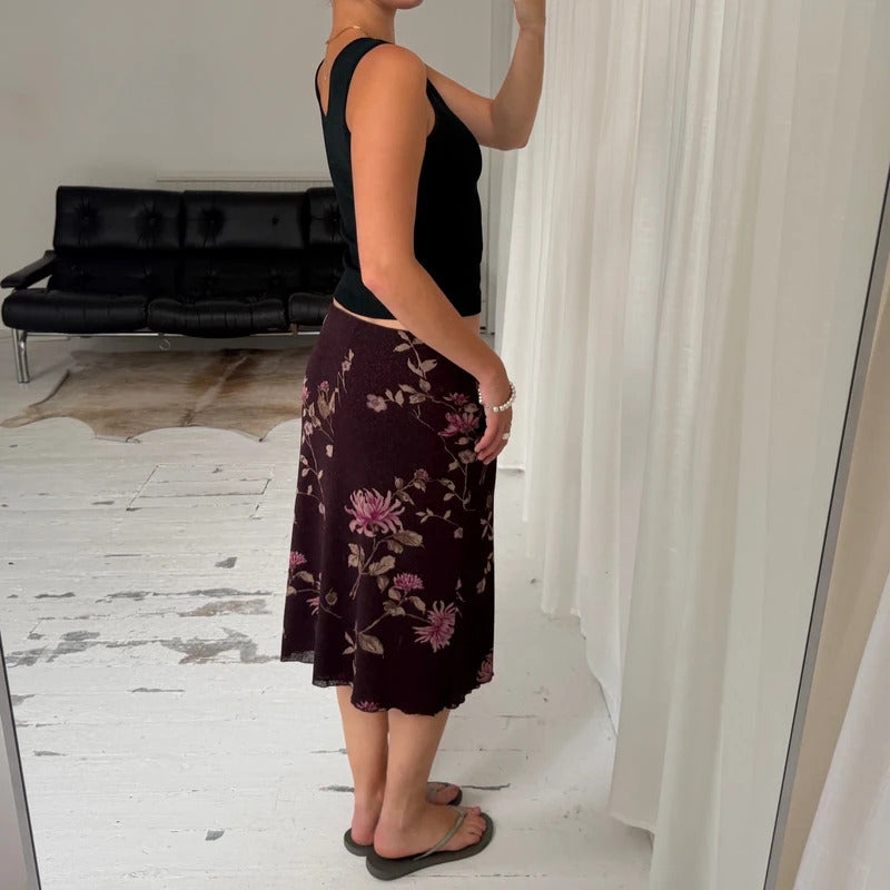 Purple Floral Mesh Midi Skirt