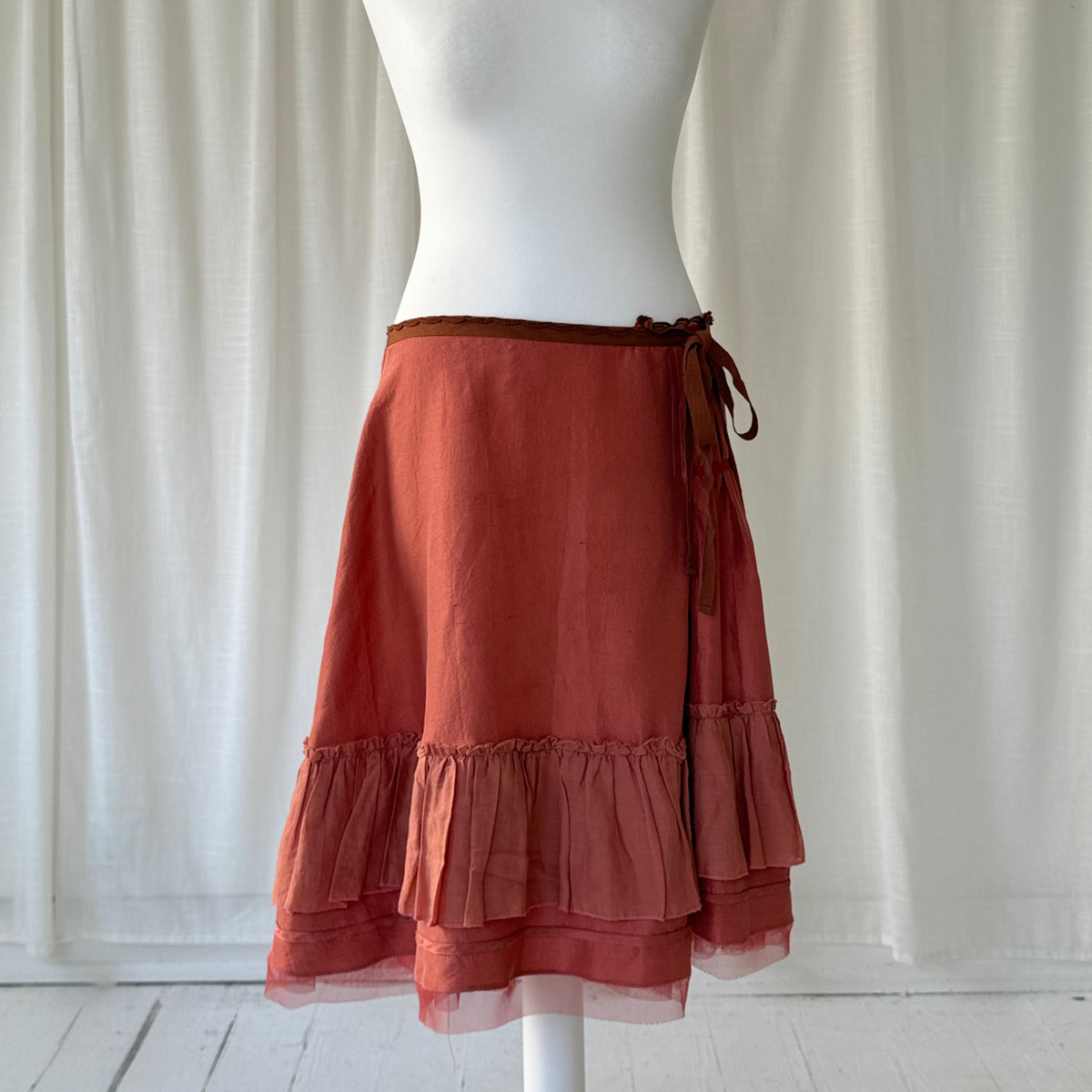 Coral Red Silk Ruffle Midi Skirt