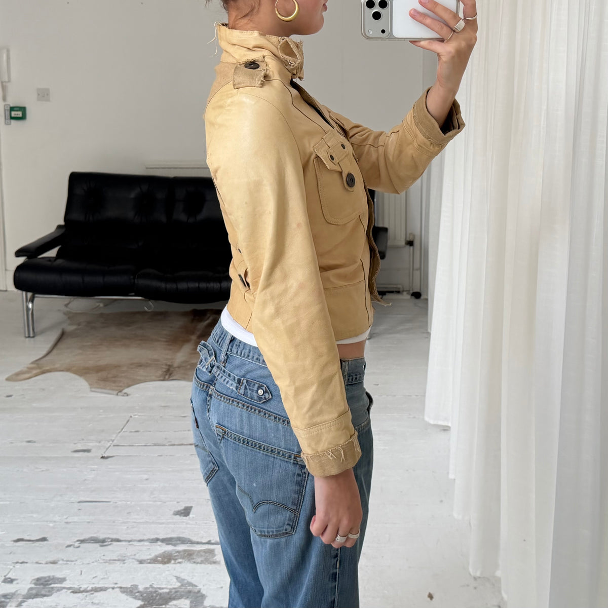 Beige Leather & Linen Jacket